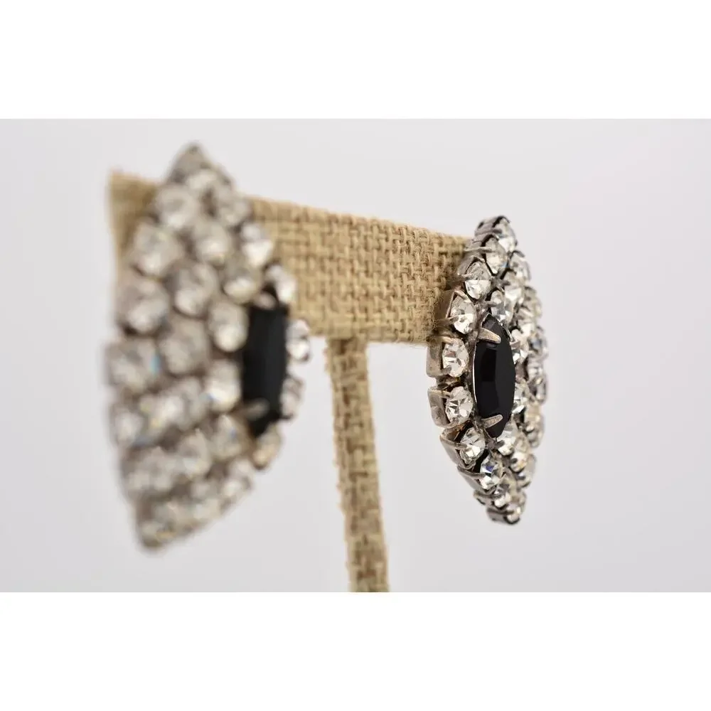 Vintage Crystal Earrings Black Marquise Prong Rhinestone Sparkling 1980s 9D